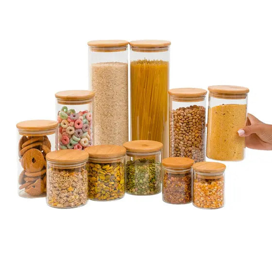 Kit 11 potes de vidro com tampa de bambu herméticos redondos - Tüd - TUDX