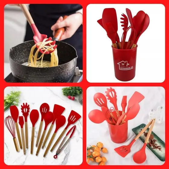 Jogo Kit Com 12 Peças Utensílios De Cozinha Colheres Espatulas Pegador Silicone Copo Suporte - Prime X
