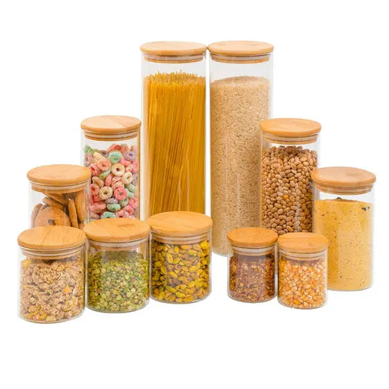 Kit 11 potes de vidro com tampa de bambu herméticos redondos - Tüd - TUDX