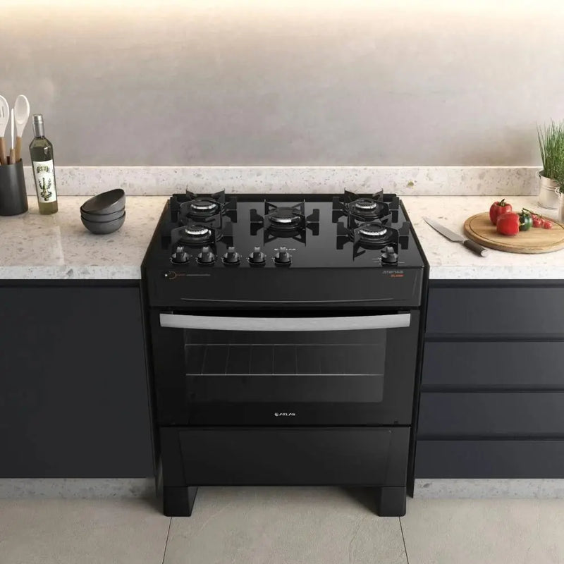 Fogão Atlas 5 Bocas Preto Atenas Glass Com Acendimento Automático Bivol