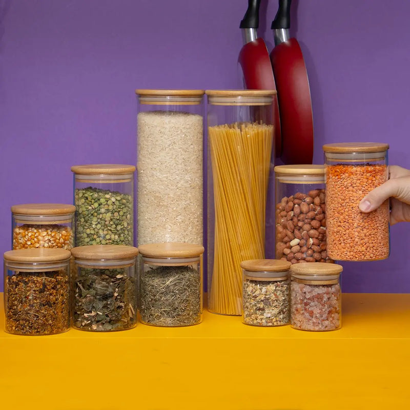 Kit 11 potes de vidro com tampa de bambu herméticos redondos - Tüd - TUDX