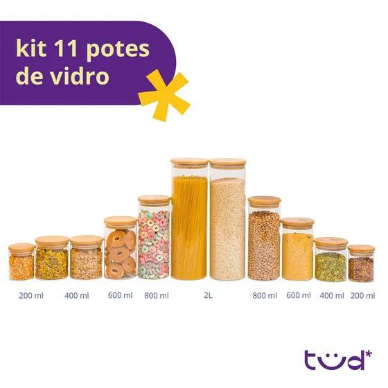 Kit 11 potes de vidro com tampa de bambu herméticos redondos - Tüd - TUDX