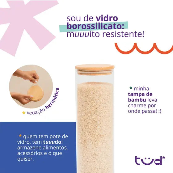 Kit 11 potes de vidro com tampa de bambu herméticos redondos - Tüd - TUDX