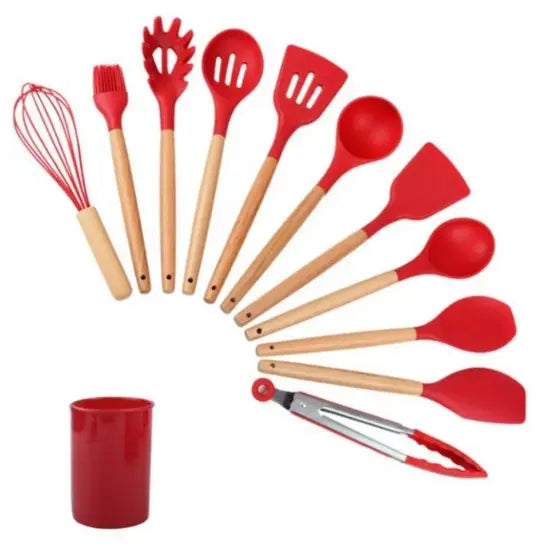 Jogo Kit Com 12 Peças Utensílios De Cozinha Colheres Espatulas Pegador Silicone Copo Suporte - Prime X