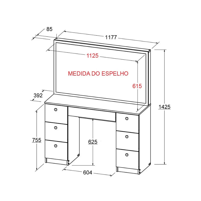 Penteadeira Ditália 7 Gav. PE-80 Branco c/ Kit Luz Camarim