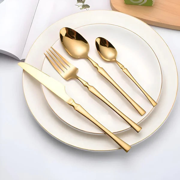 Kit 24 Peças Talheres Dourado de Aço Inox Garfo Colher Faca Colher De Mesa