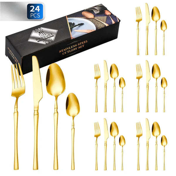 Kit 24 Peças Talheres Dourado de Aço Inox Garfo Colher Faca Colher De Mesa