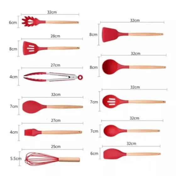 Jogo Kit Com 12 Peças Utensílios De Cozinha Colheres Espatulas Pegador Silicone Copo Suporte - Prime X