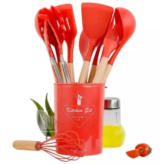 Jogo Kit Com 12 Peças Utensílios De Cozinha Colheres Espatulas Pegador Silicone Copo Suporte - Prime X
