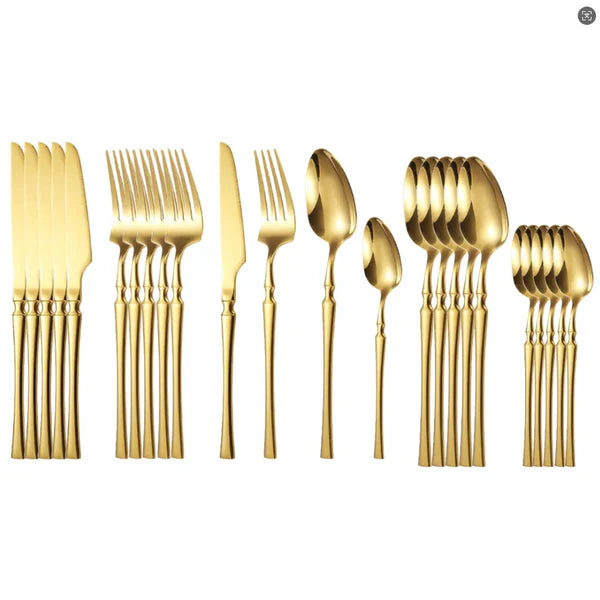 Kit 24 Peças Talheres Dourado de Aço Inox Garfo Colher Faca Colher De Mesa